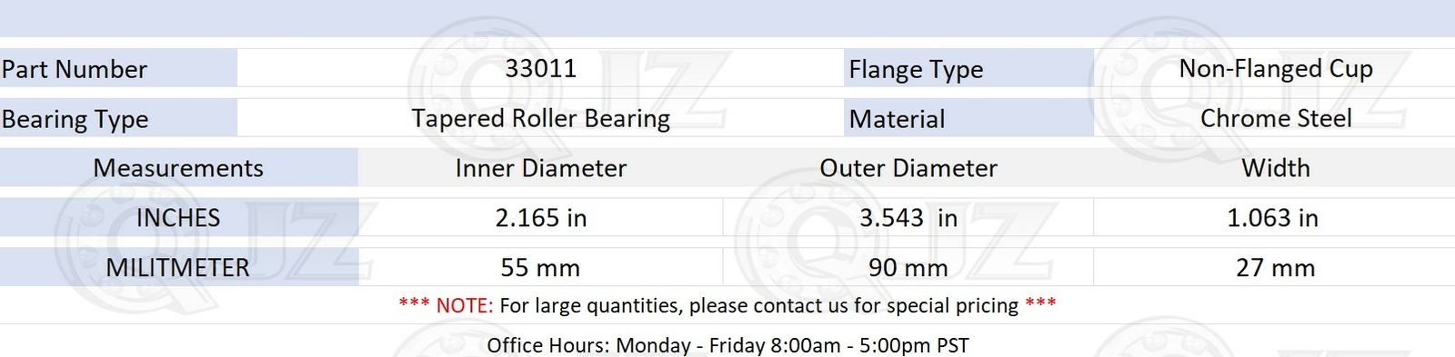 [2-Pack] QJZ 33011 Tapered Roller Bearing Set 55 mm x 90 mm x 27 mm (IDxODxW)
