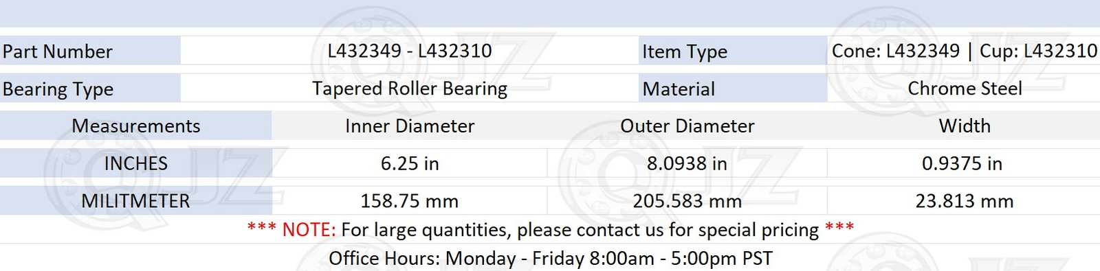 [2-Pack] L432349-L432310 Tapered Roller Bearing 6.25″ x 8.09″ x 0.938″ (IDxODxW)