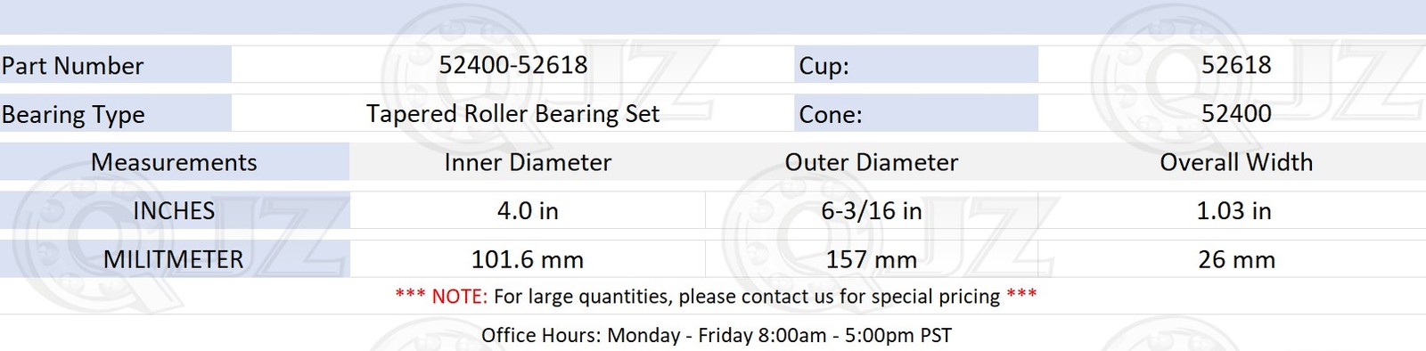 [1-Pack] 52400-52618 Tapered Roller Bearing Cup & Cone (4 x 6-3/16 x 1.03 in)