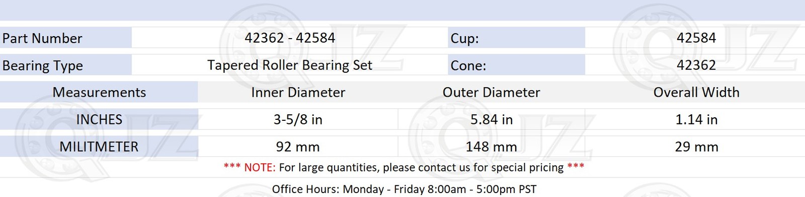 [1-Pack] 42362-42584 Tapered Roller Bearing Cup & Cone (3-5/8″ x 5.84″ x 1.14″)