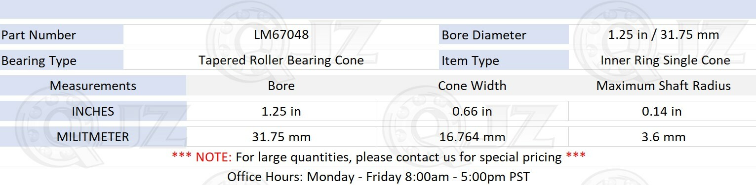[Qty.2] LM67048 Tapered Roller Inner Ring Single Cone 1.25″(Bore) x 0.66″(Width)