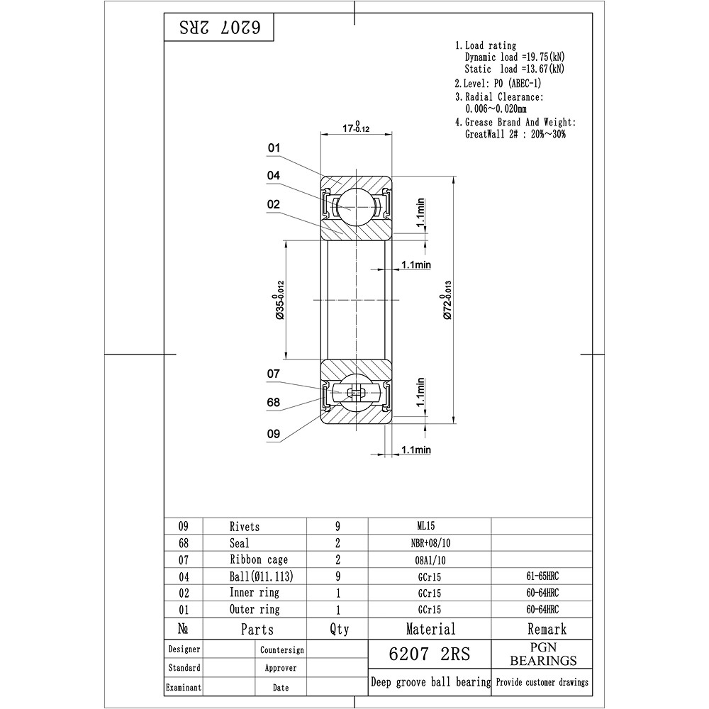(2) 6207-2RS Premium Rubber Seal Ball Bearing C3 EMQ, 35x72x17, 6207 2RS 6207rs