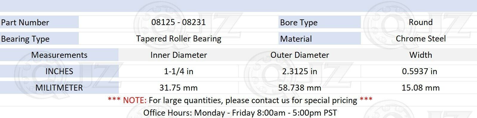 [1-Pack] 08125-08231 Tapered Roller Bearing 1-1/4″ x 2.313″ x 0.594″ (IDxODxW)