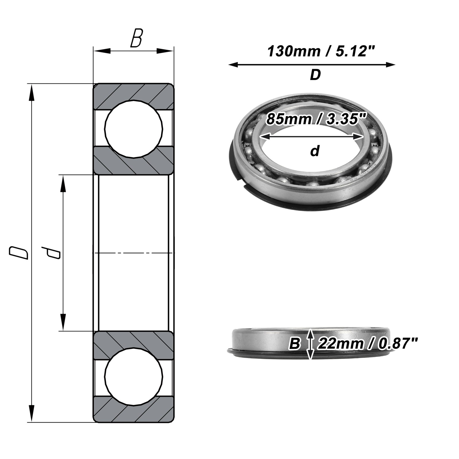 6017NR Deep Groove Ball Bearings 85x130x22mm 1 Pc Silver Tone