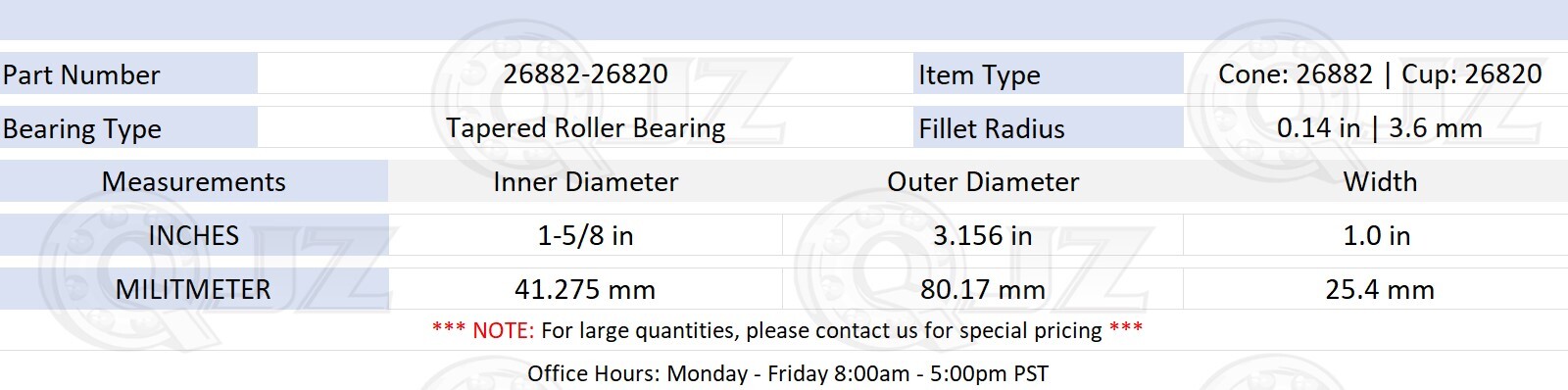 [2-Pack] 26882-26820 Tapered Roller Bearing Set 1-5/8″ x 3.156″ x 1.0″ (IDxODxW)