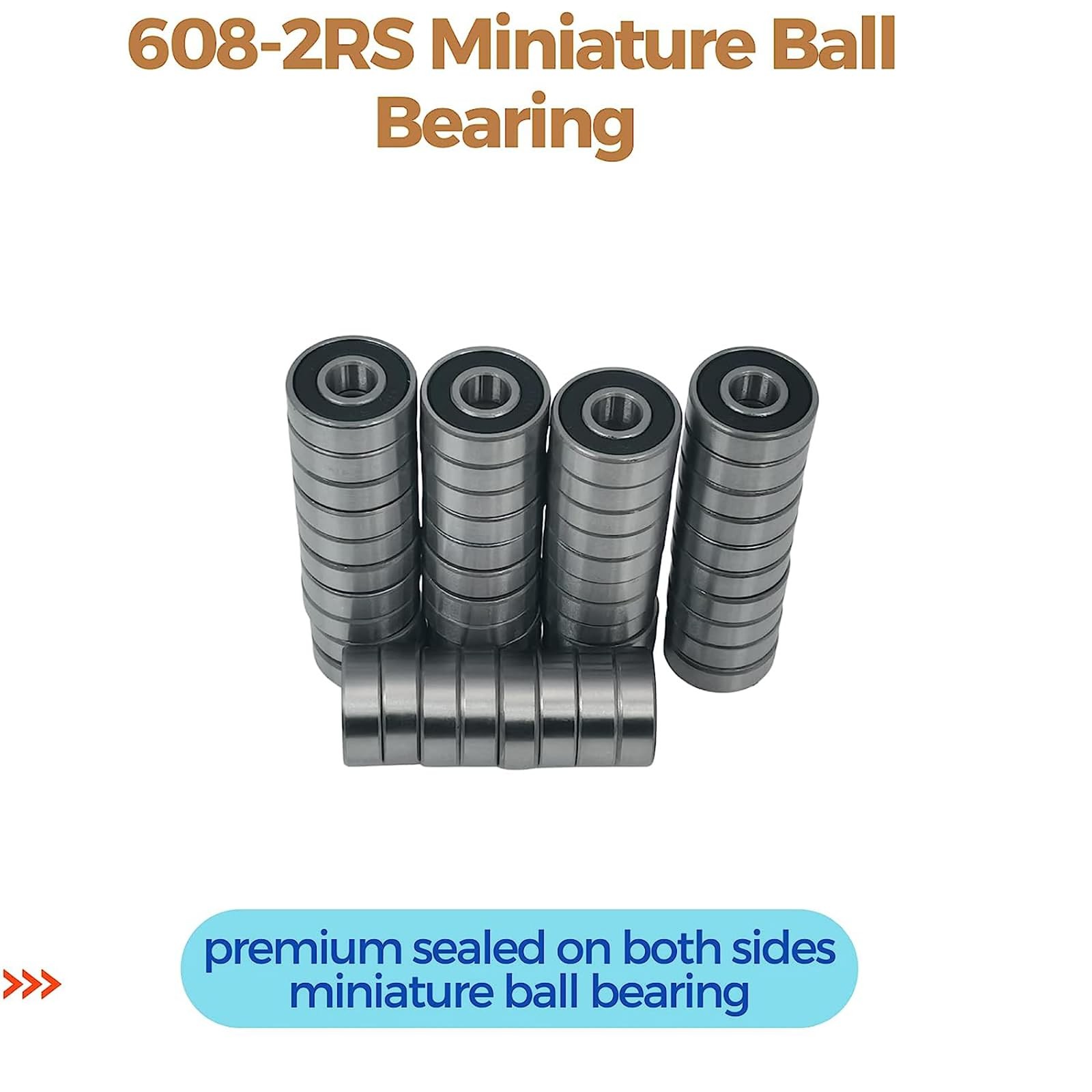 608 2RS Bearings, 50 Pack 608 Bearing, 8x22x7mm RS Ball 50 Pack, Black