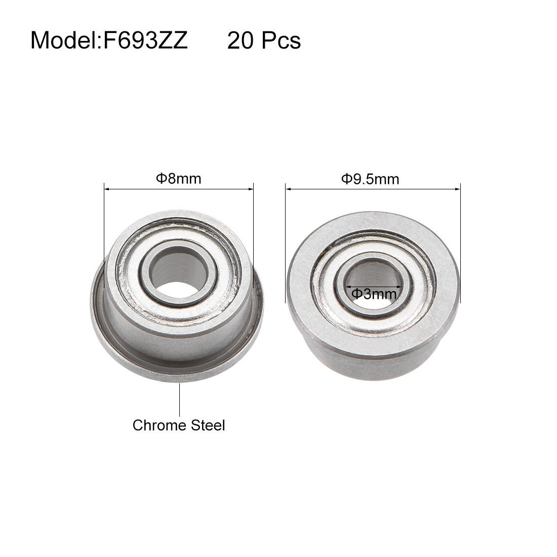 20pcs F693ZZ Flanged Deep Groove Ball Bearing Double Shielded Chrome Steel
