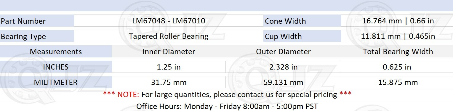 [2 Sets] Cone LM67048 Cup LM67010 Tapered Roller Bearing 1.25″ x 2.33″ x 0.625″
