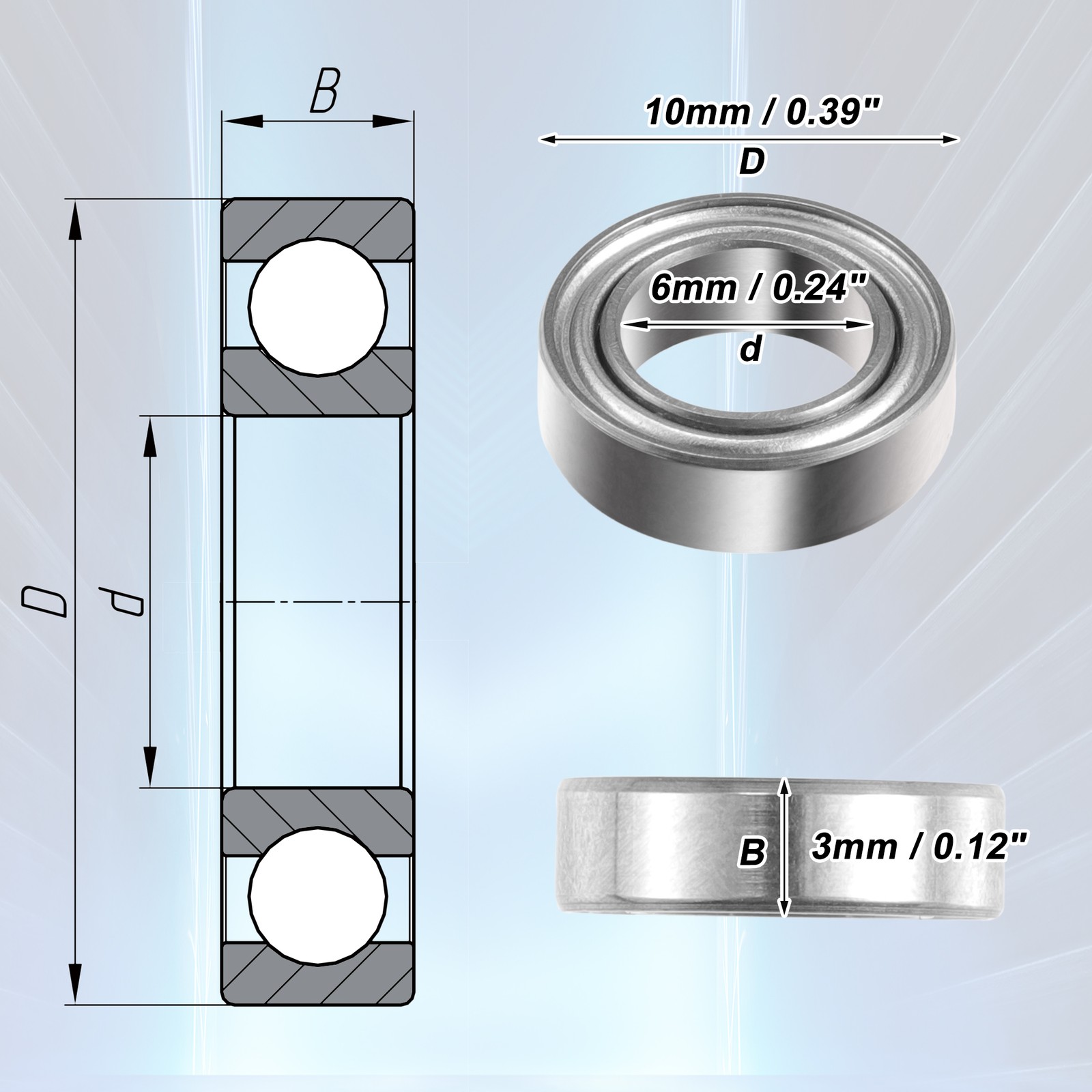 10 Pcs 6x10x3mm Double Metal Shield MR106ZZ Car Deep Groove Ball Bearings