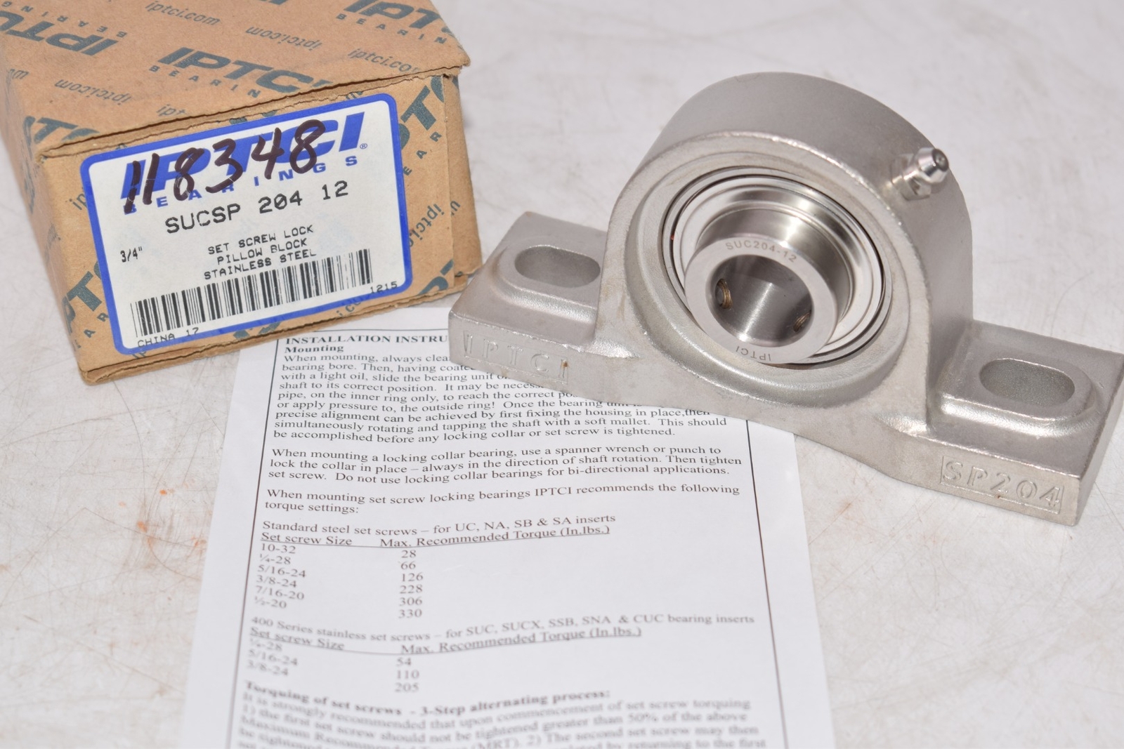 NEW IPTCI SUCSP 204-12 Corrosion Resistant Set Screw Lock Pillow Block Bearing 1