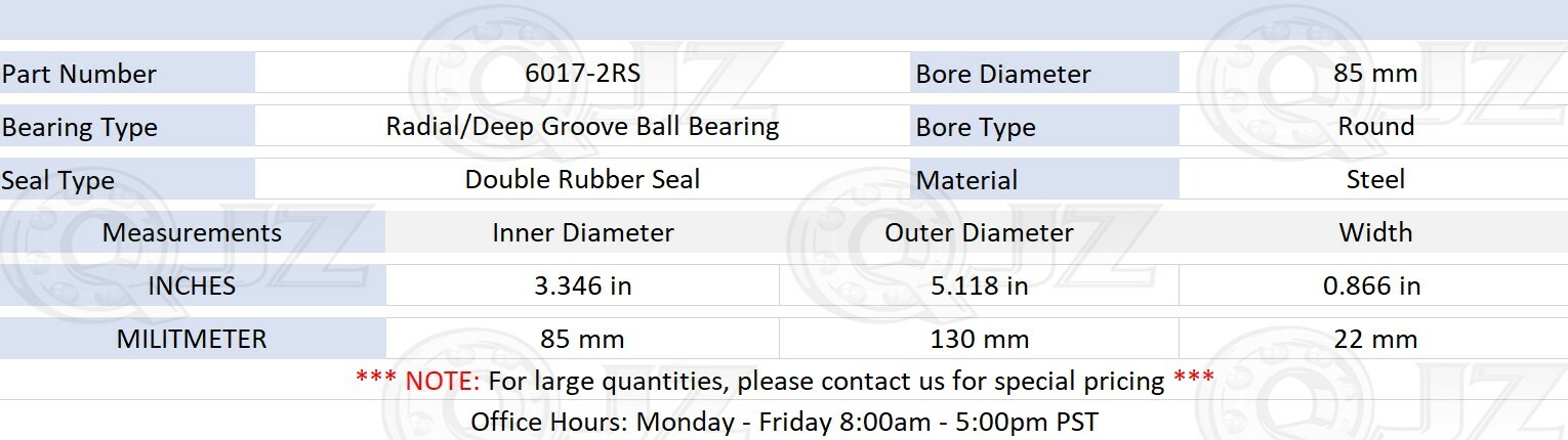 [8-Pk] 6017-2RS Deep Groove Radial Ball Bearing Rubber Seal 85mm x 130mm x 22mm