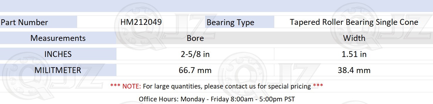 [1-Pack] HM212049 Tapered Roller Bearing Single Cone [2-5/8 in Bore x 1.51 in W]