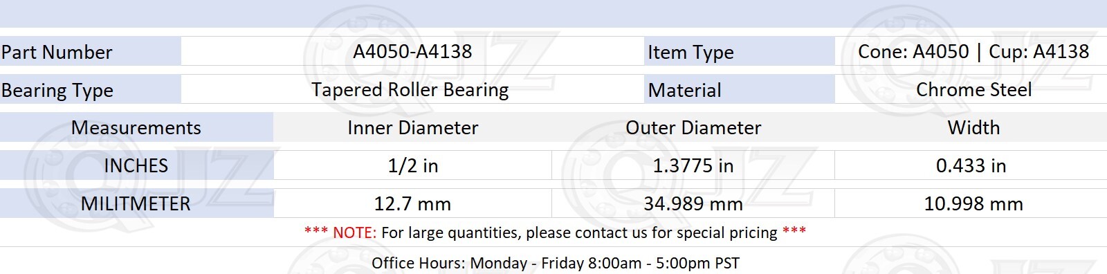 [2-Pack] A4050-A4138 Tapered Roller Bearing 1/2″ x 1.3775″ x 0.433″ (IDxODxW)