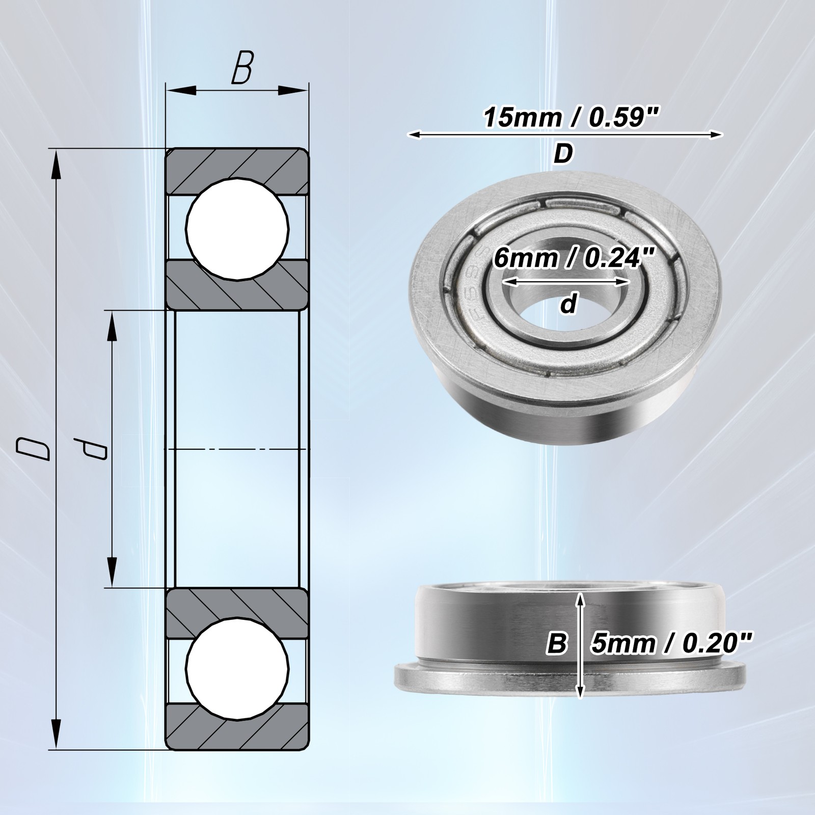 TWO 6x15x5mm Double Metal Shield F696ZZ Single Row Flanged Bearings Universal