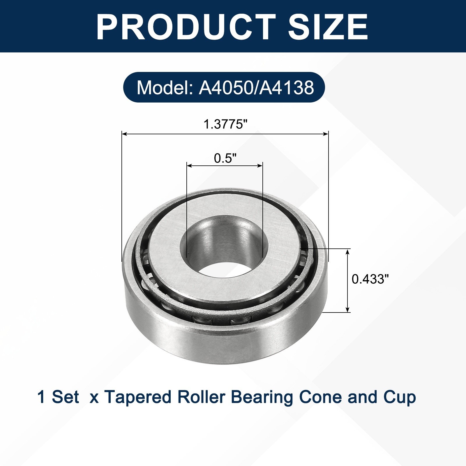 1Set A4050/A4138 Tapered Roller Bearing Cone and Cup, 0.5×1.3775×0.433″