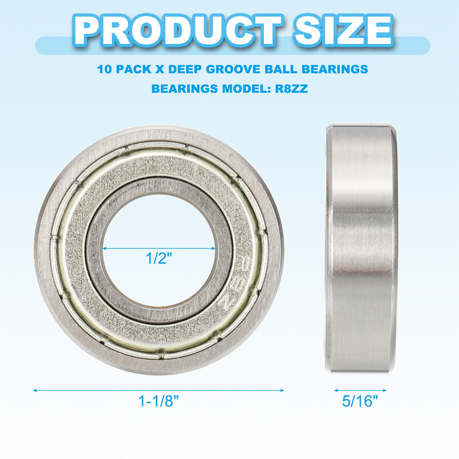10pcs Ball Bearings R8ZZ 1/2″x1-1/8″x5/16″ for Double Rubber Gasket