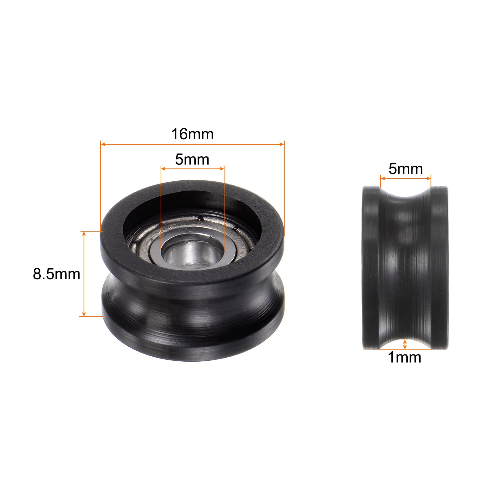 2pcs U Type Groove Pulley Nylon Roller Bearing 5x16x8.5mm U Groove Guide Wheel
