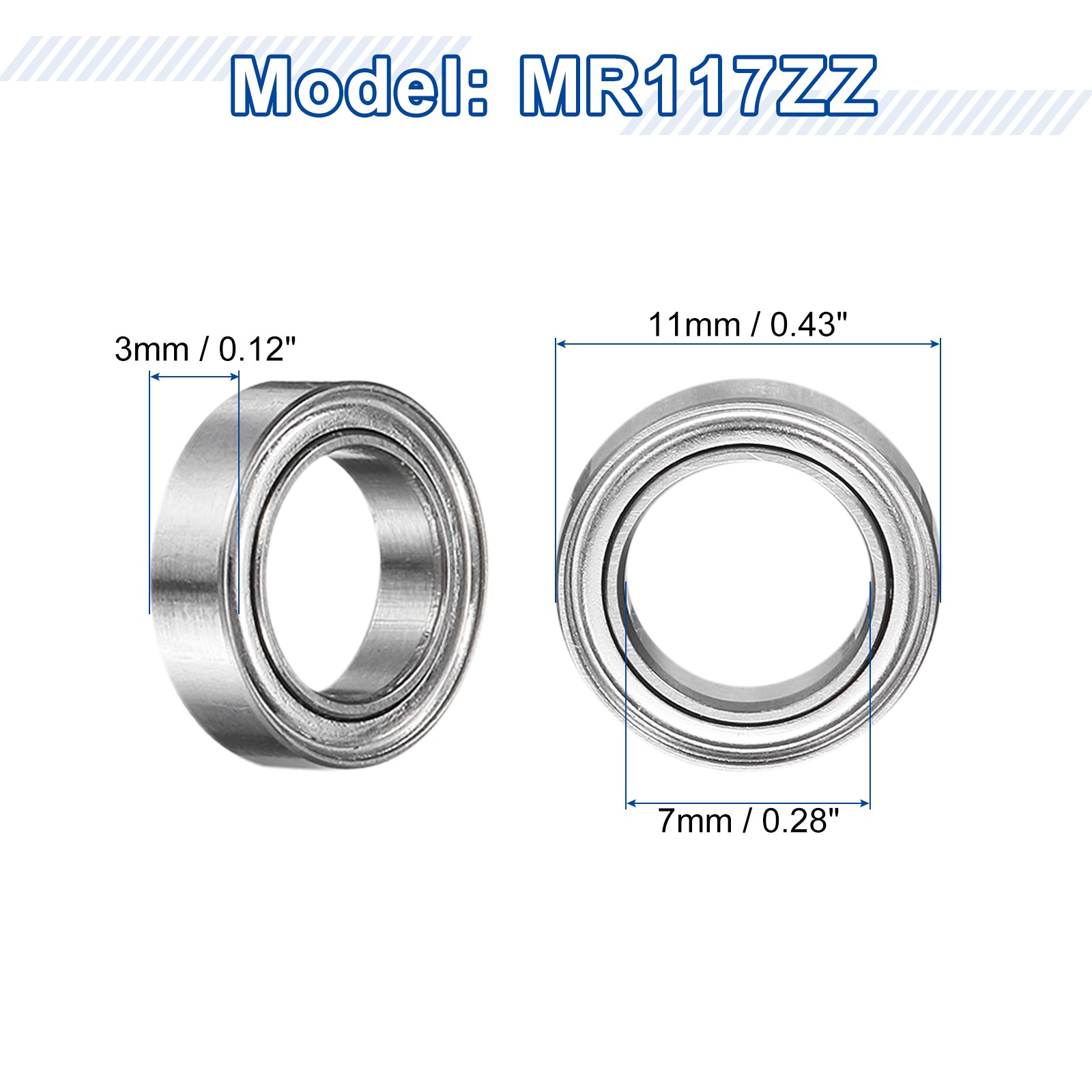12Pcs MR117ZZ Deep Groove Ball Bearings 7mm ID 11mm OD 3mm Width Bearing