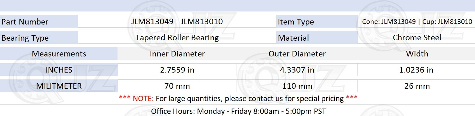 [2-Pack] JLM813049-JLM813010 Tapered Roller Bearing 70 mm x 110 mm x 26 mm