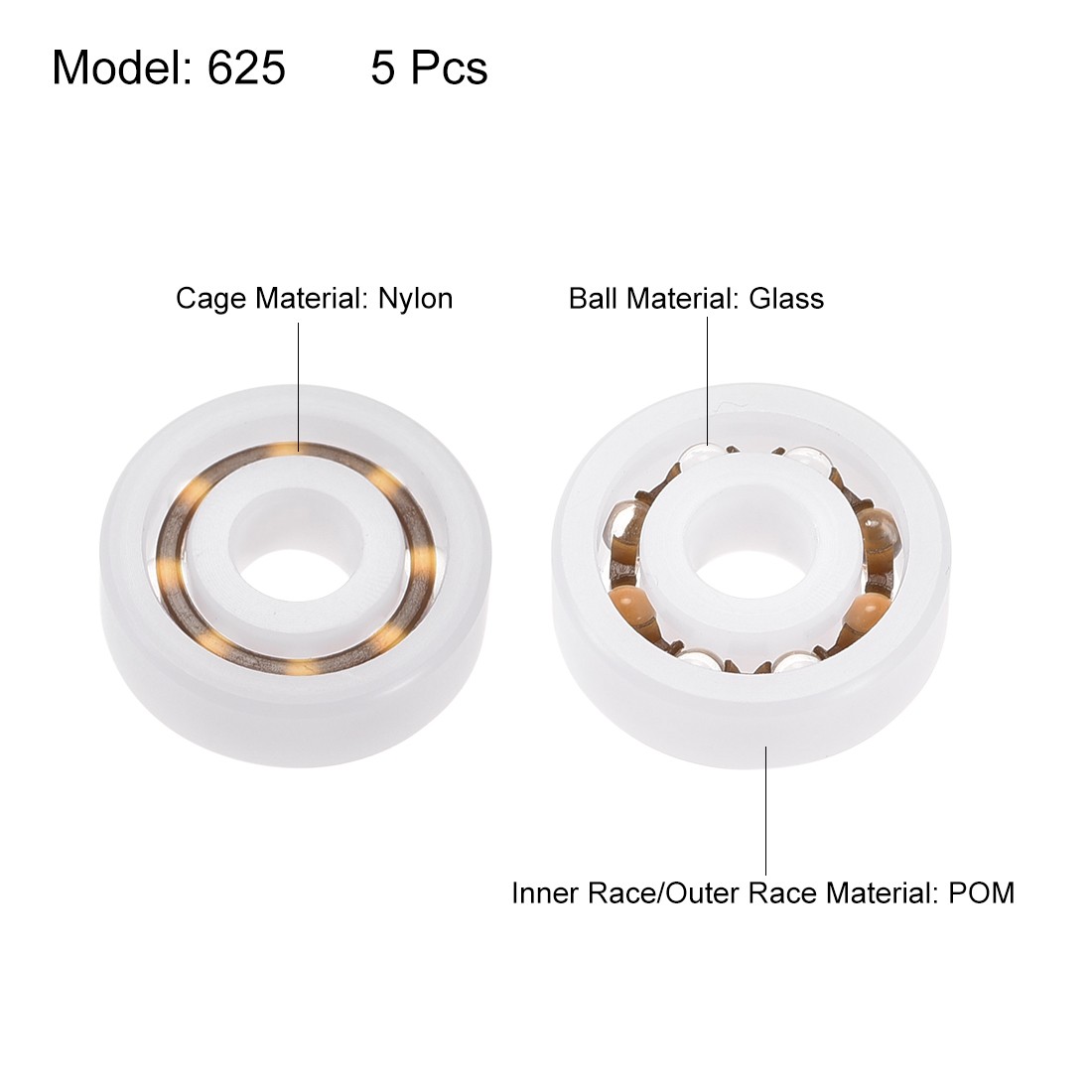 POM625 Plastic Bearings 5x16x5mm Glass Ball Nylon Cage 5pcs