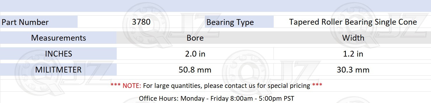 [2-Pack] 3780 Tapered Roller Bearing Single Cone [2 in Bore x 1.2 in W]