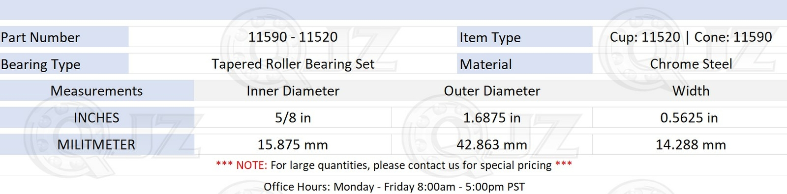 [1-Pack] 11590-11520 Tapered Roller Bearing Set 5/8″ x 1.688″ x 0.56″ (IDxODxW)