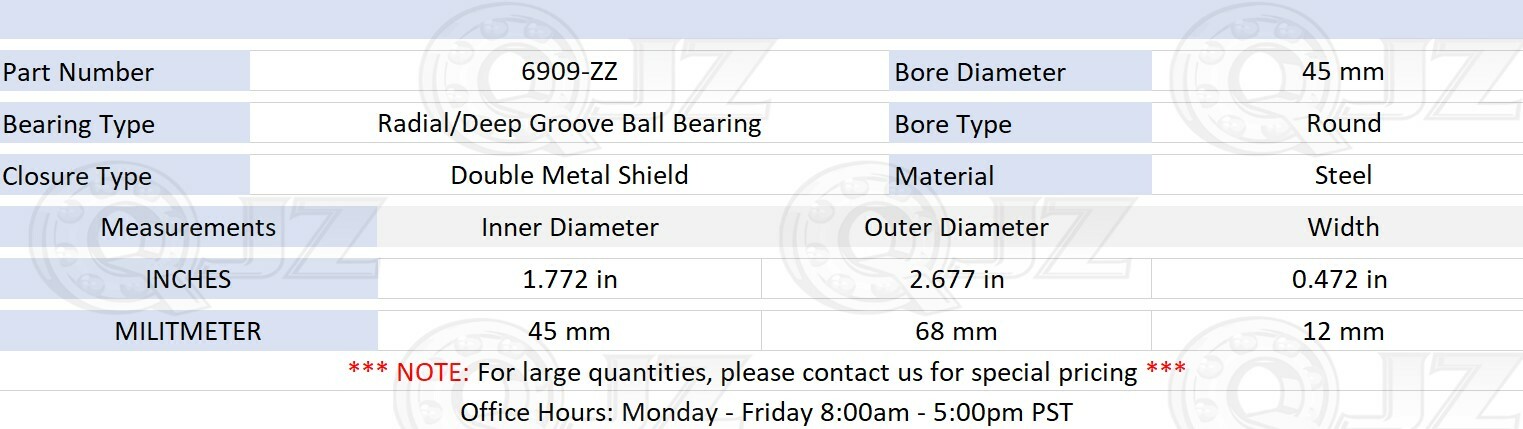 [2-Pack] 6909-ZZ Radial/Deep Groove Ball Bearing 45mm x 68mm x 12mm Metal Shield