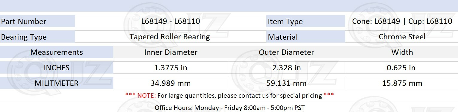 [2-Pack] L68149-L68110 Tapered Roller Bearing Set 1.378 in x 2.328 in x 0.625 in