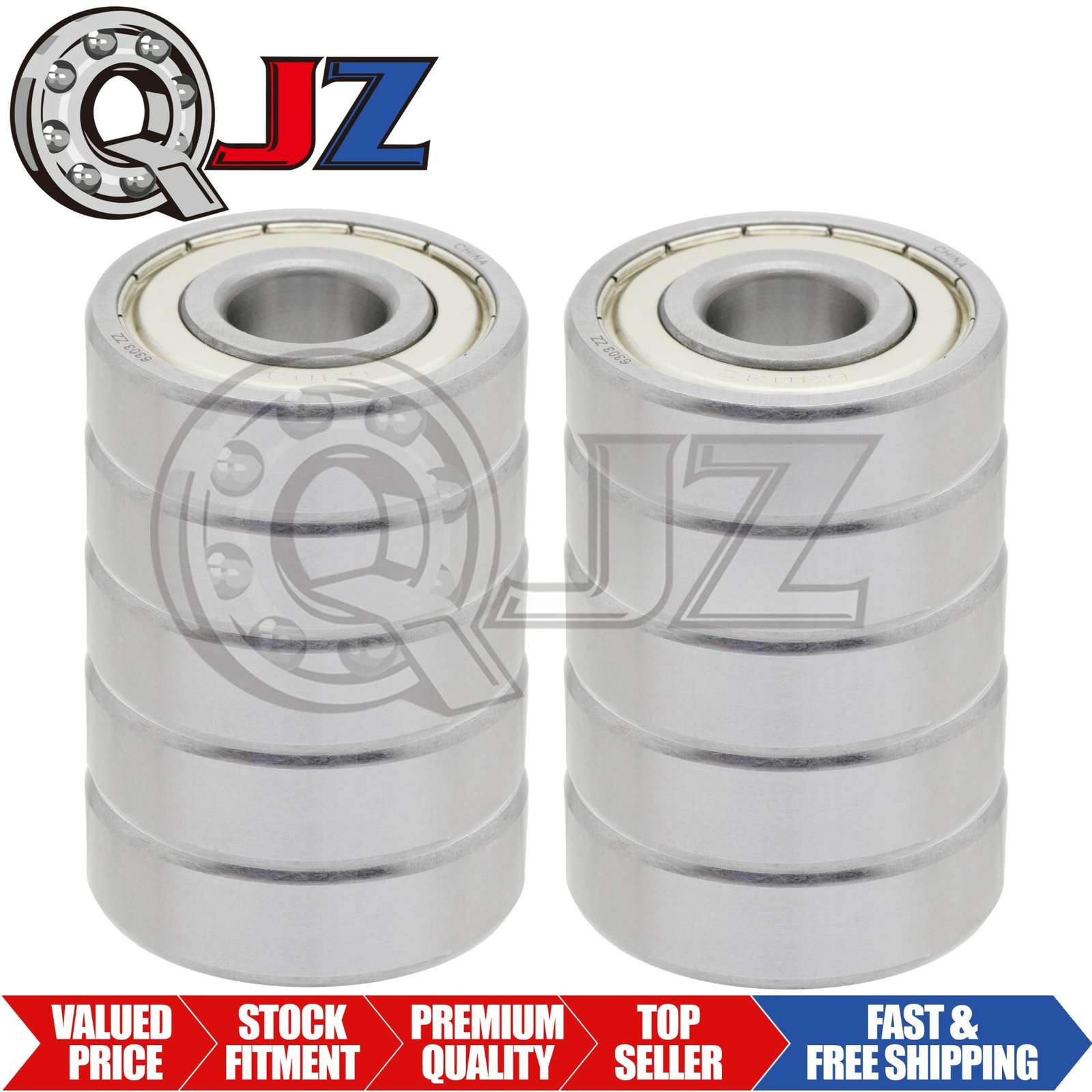 [10-Pk] 6303-ZZ Radial/Deep Groove Ball Bearing 17mm x 47mm x 14mm Double Shield