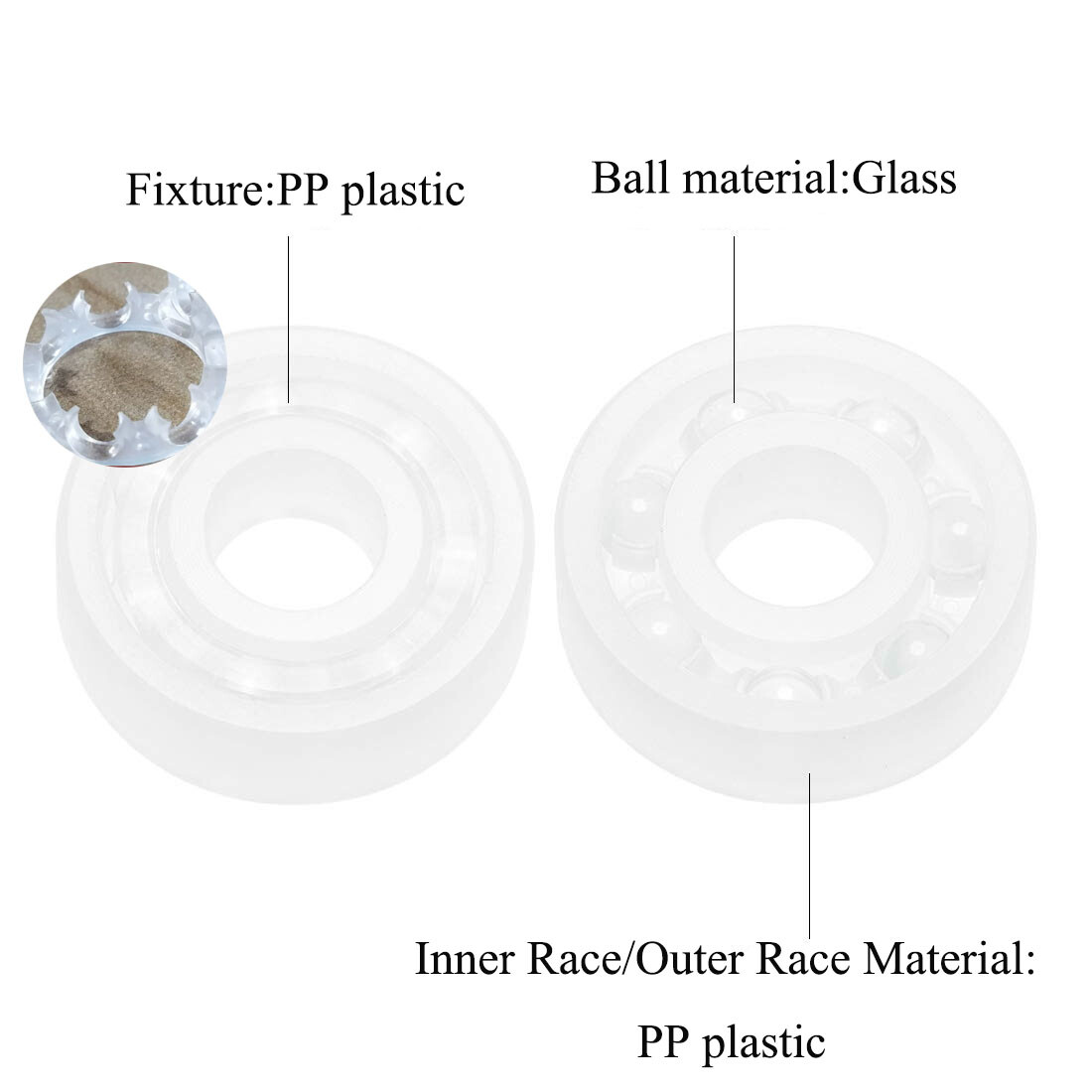 PP Plastic Bearing Glass Balls Corrosion Resistant ID 3~9mm OD 9~26mm W 3/4/68mm