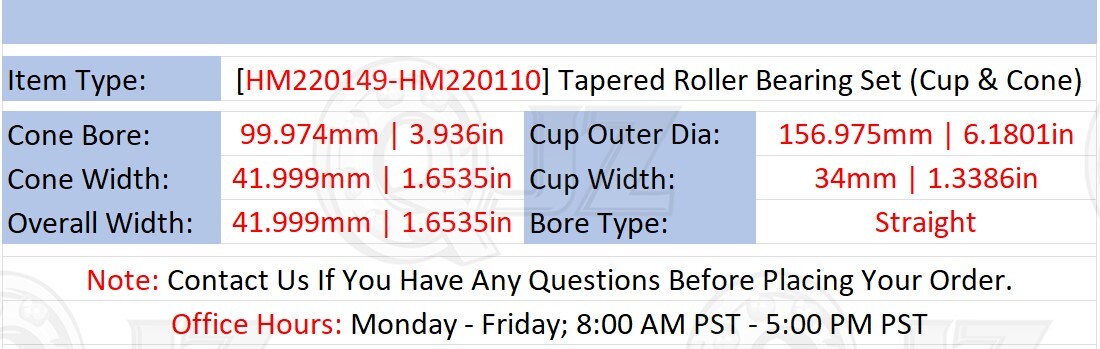 [Qty.1] New HM220149-HM220110 Tapered Roller Bearing Set [3.936″ ID x 1.6535″ W]