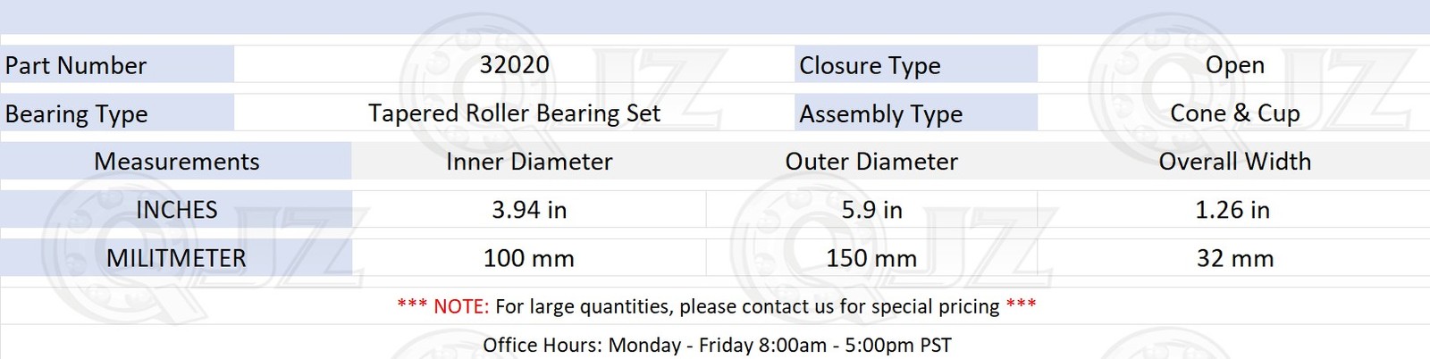 [1-Pack] 32020 Tapered Roller Bearing Set 100 mm x 150 mm x 32 mm (IDxODxW)