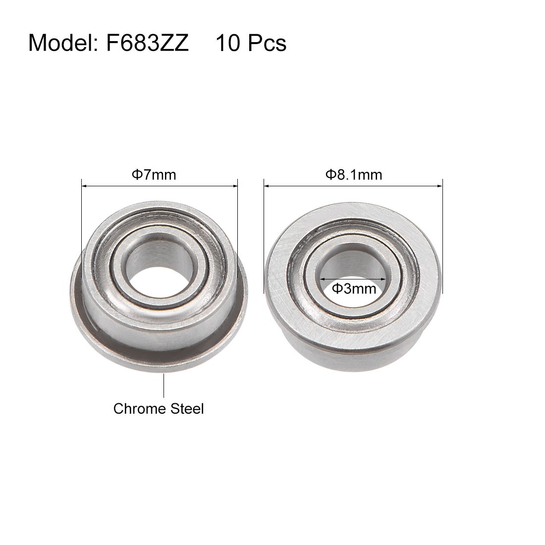 F683ZZ Flange Ball Bearing Shielded Chrome Bearings 10pack
