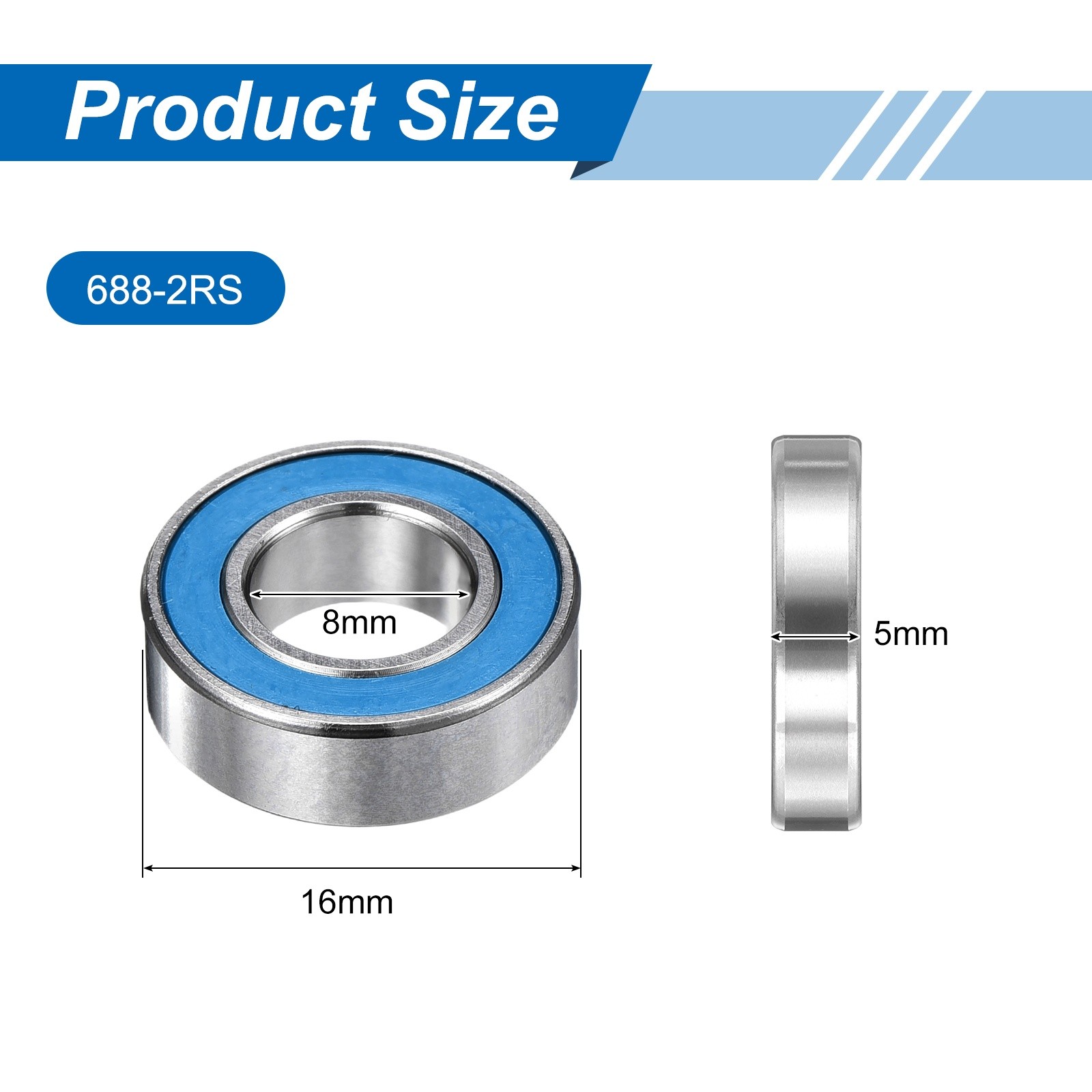 5 Pcs 8x16x5mm 688-2RS Deep Groove Bearing Double Sealed Chrome Steel ABEC-7