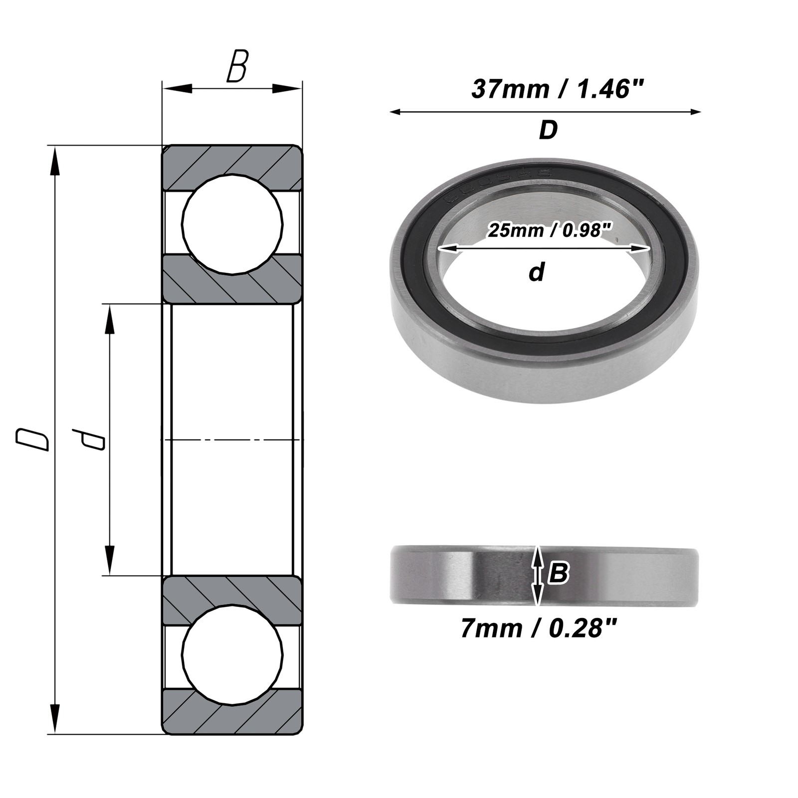6805VV Deep Groove Ball Bearings 25x37x7mm Silver Tone Black