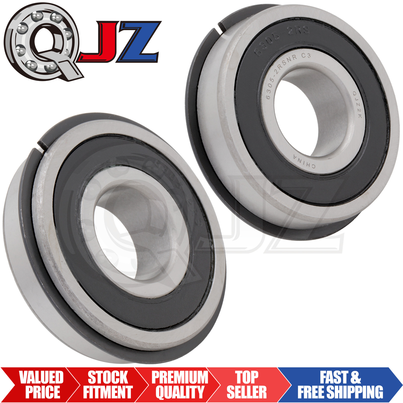 [Qty.2] New 6305-2RS-NR Ball Bearing w/ Snap-Ring [25mm Bore x 62mm OD x 17mm W]