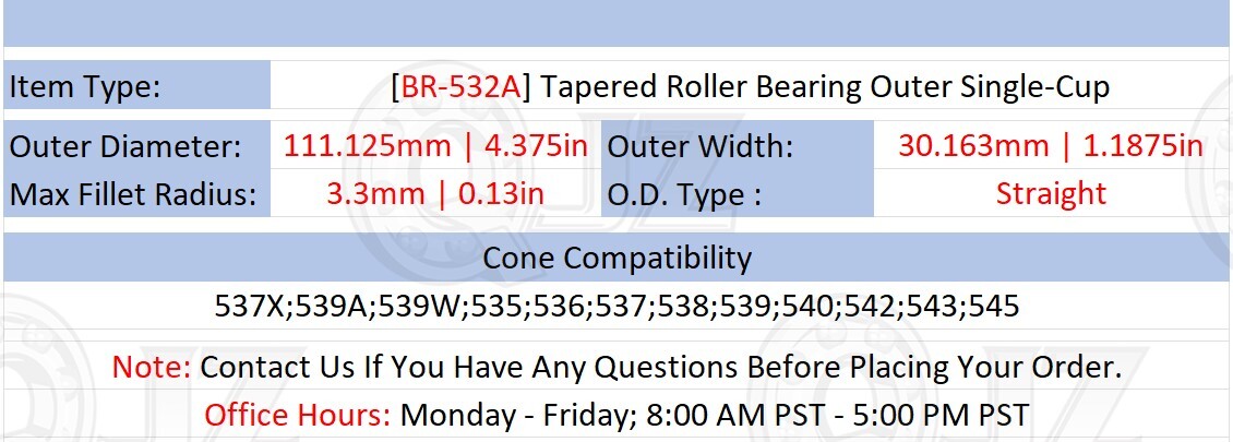 [Qty.2] BR-532A Tapered Roller Bearing Single-Cup/Race [4.375″ OD x 1.1875″ W]