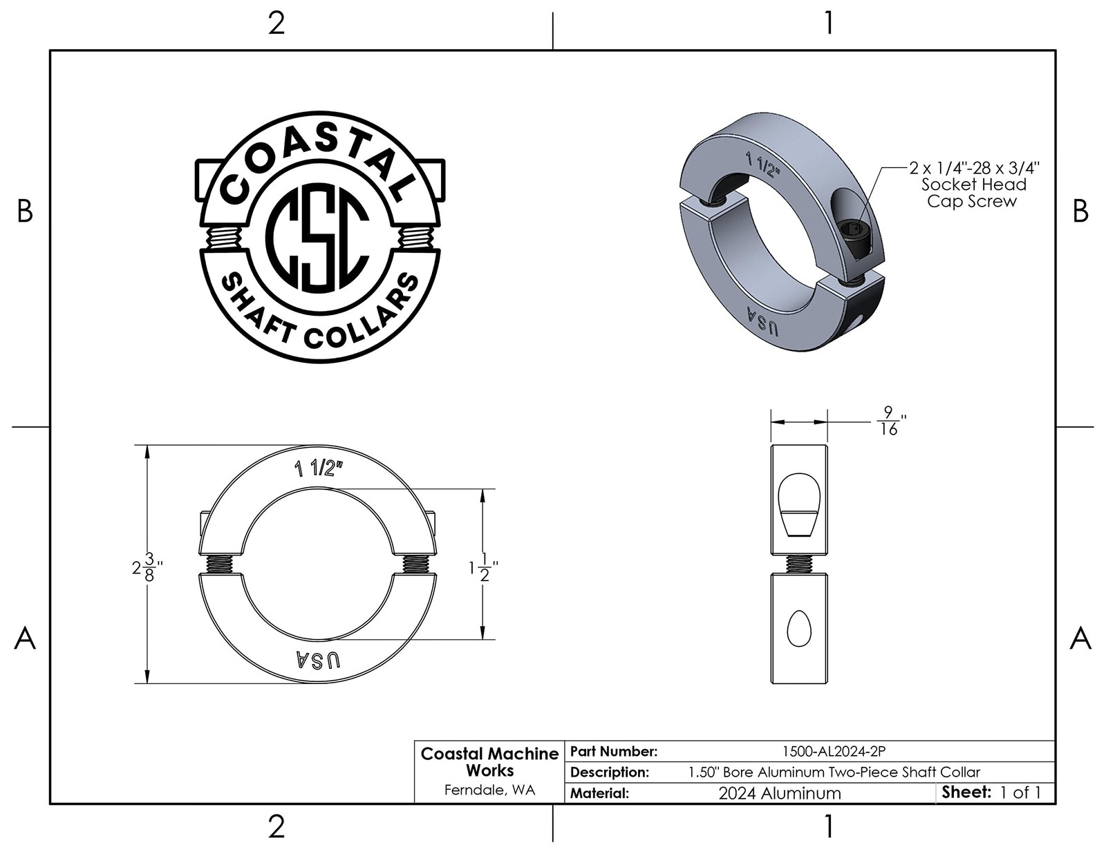 1.50″ Bore Diameter – Clamping Two Piece Shaft Collar – 2024 Aluminum (4 Pack)