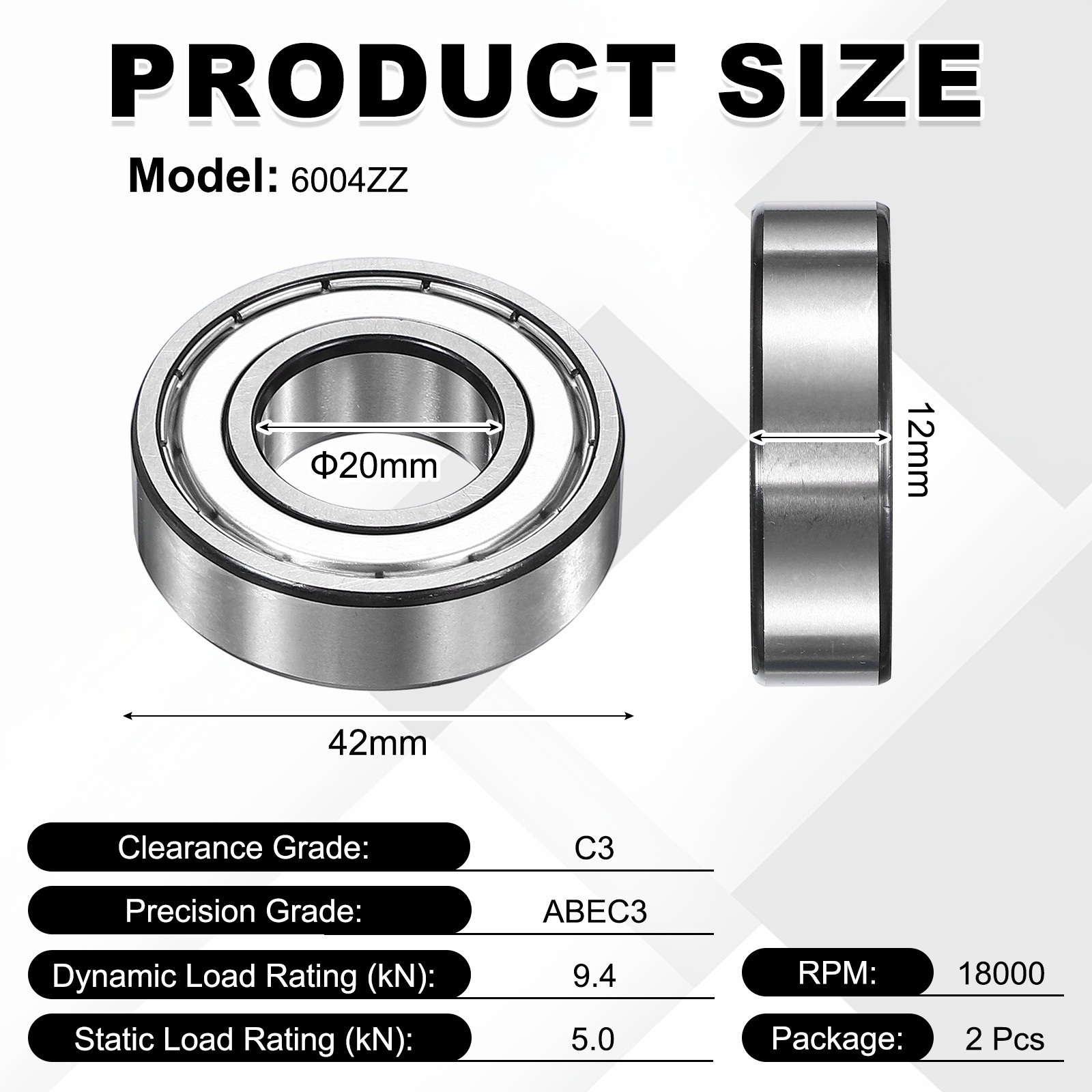 2Pcs 6004ZZ Deep Groove Ball Bearing, 20x42x12 mm Double Shielded Chrome Steel