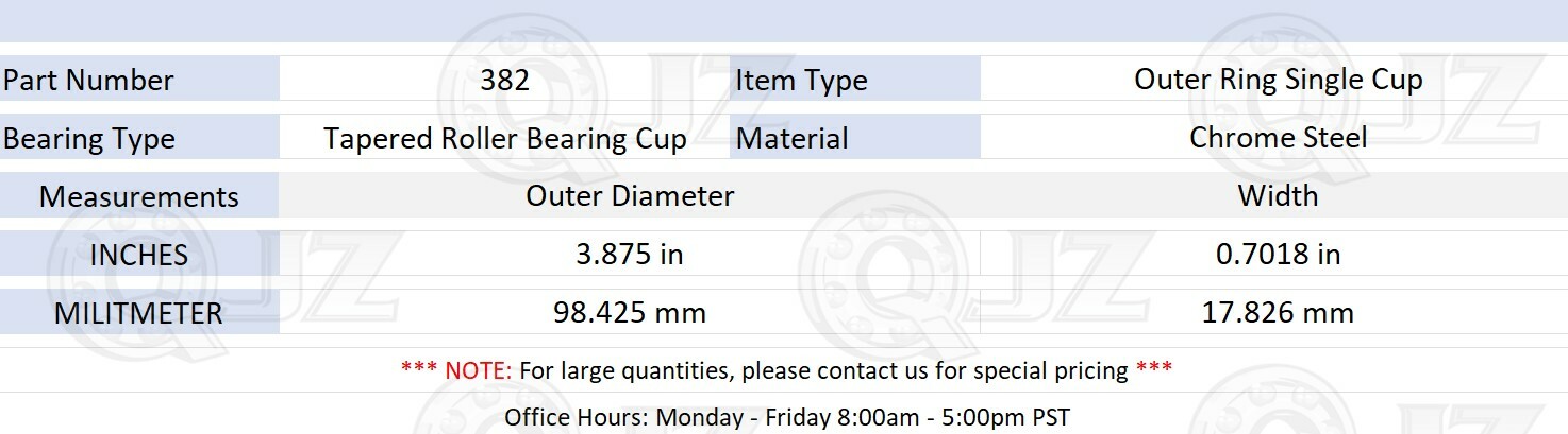 [1-Pack] 382 Tapered Roller Bearing Outer Cup 3.875″ (Outer) x 0.7018″ (Width)