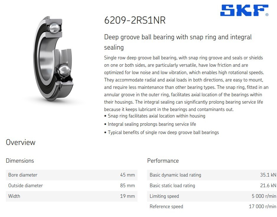 One (1) SKF 6209 2RS1NR Deep Groove Bearing 45 MM ID USA NEW