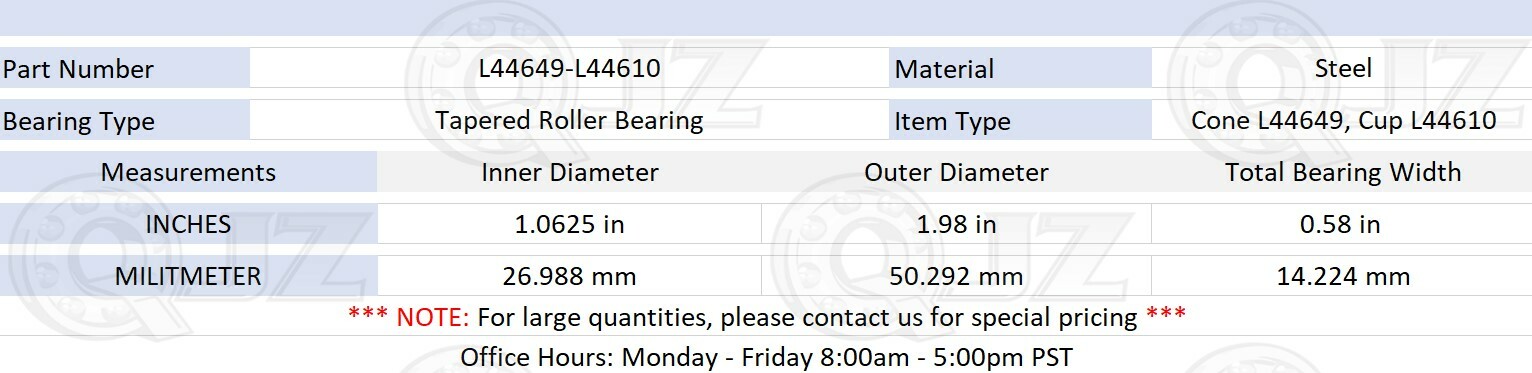 [1 Set] Cone: L44649 Cup: L44610 Tapered Roller Bearing 1.0625″ x 1.98″ x 0.58″