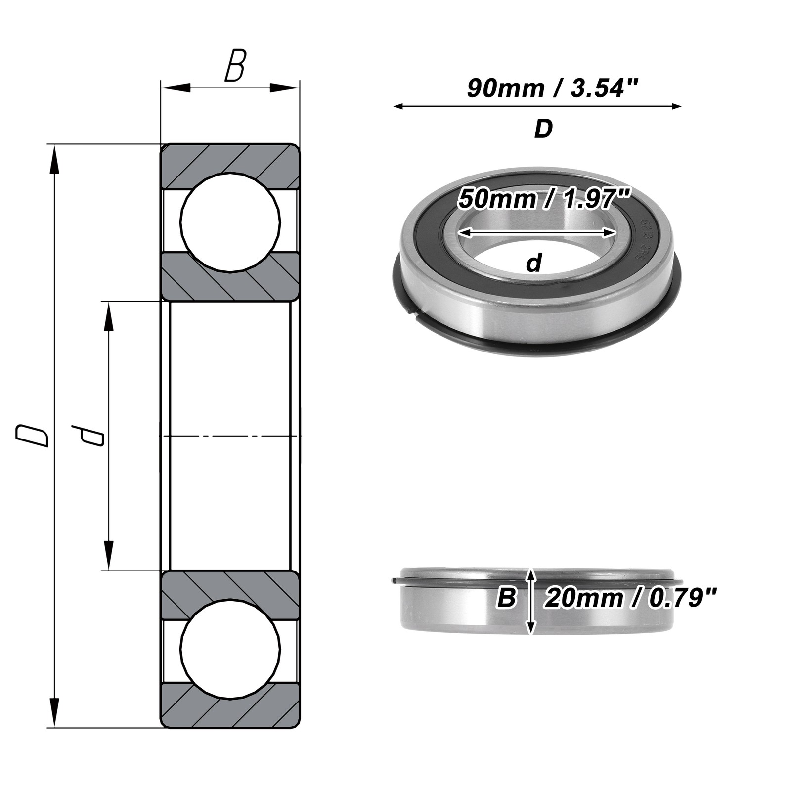 6210NR2RS Deep Groove Ball Bearings 50x90x20mm Silver Tone Black