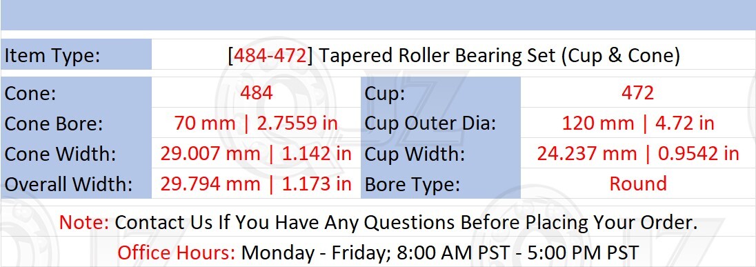[Qty.1] 484-472 Tapered Roller Bearing Set Cone & Cup [70mm Bore x 1.173 in W]