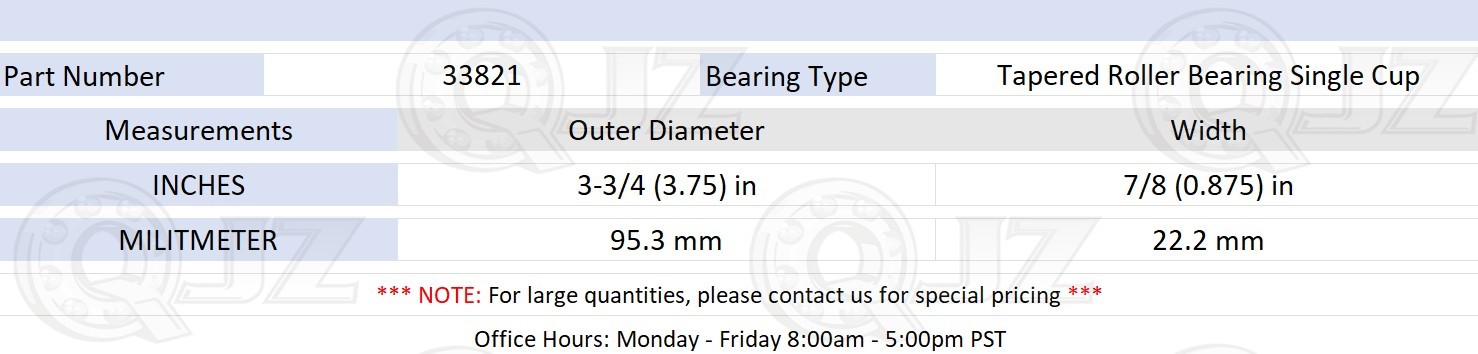 [1-Pack] 33821 Tapered Roller Bearing Single Cup [3-3/4 in OD x 7/8 in W]