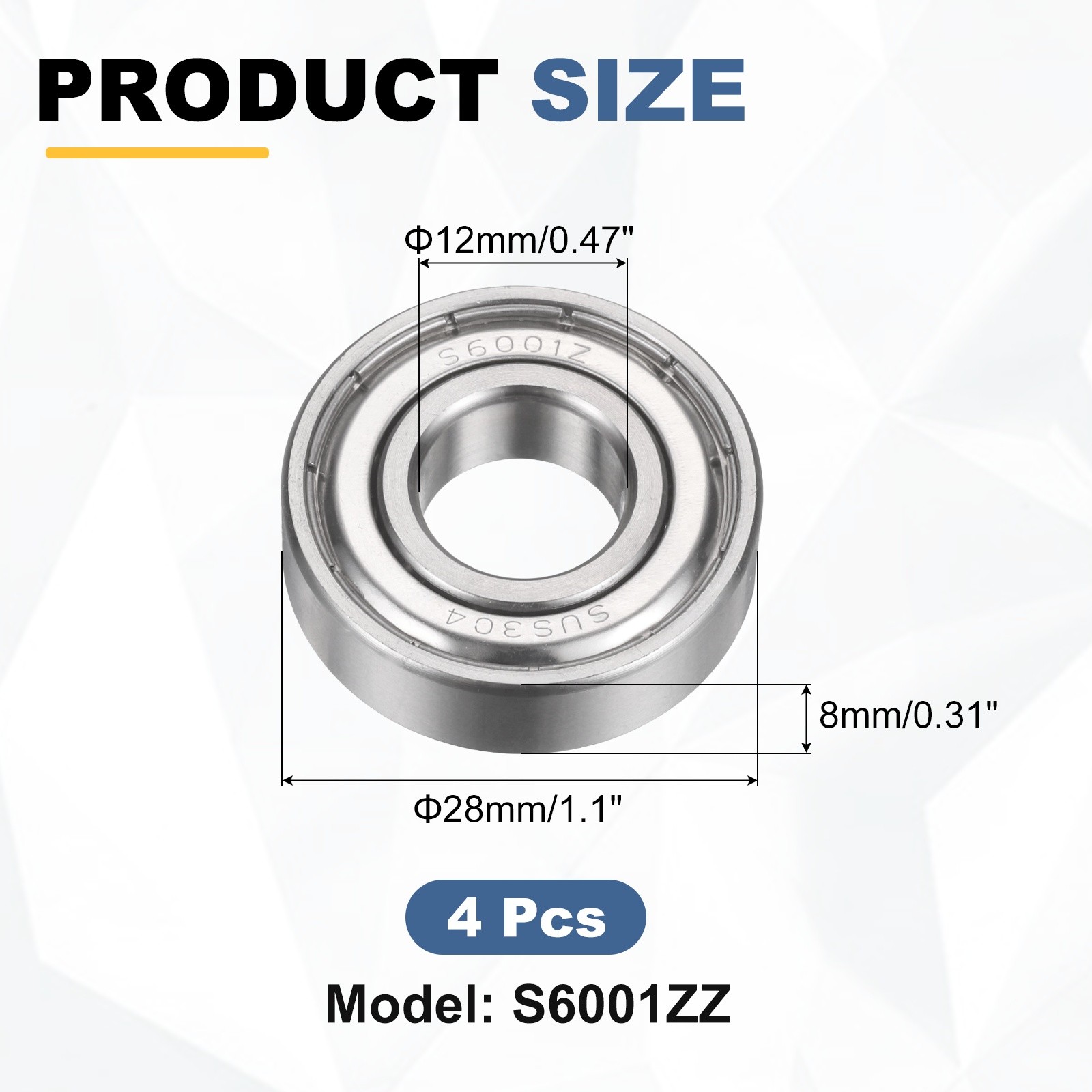 4Pcs S6001ZZ Deep Groove Ball Bearing, 12x28x8mm Double Shielded Ball Bearings
