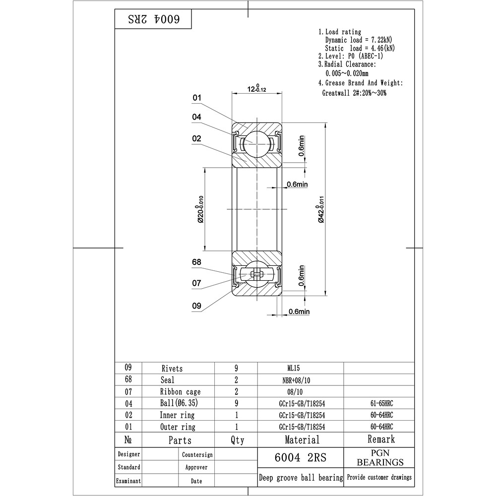 (100) 6004-2RS Premium Rubber Seal Ball Bearing C3 EMQ, 20x42x12 6004 2RS 6004rs