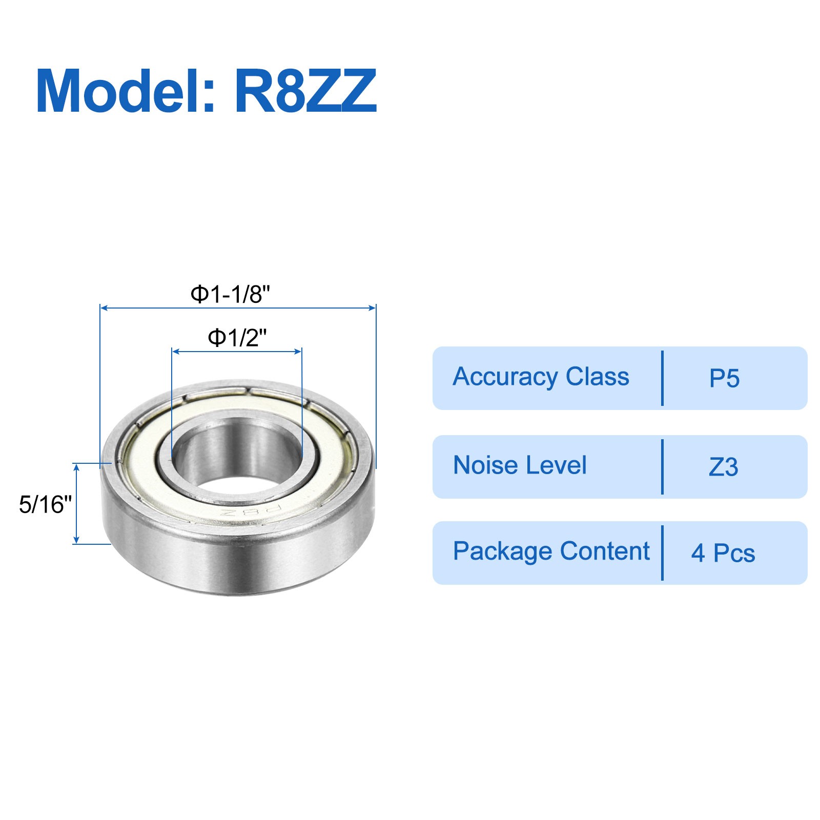 4Pcs R8ZZ 1/2″ ID x 1-1/8″ OD x 5/16″ Height Z3 Ball Bearings Silver Tone