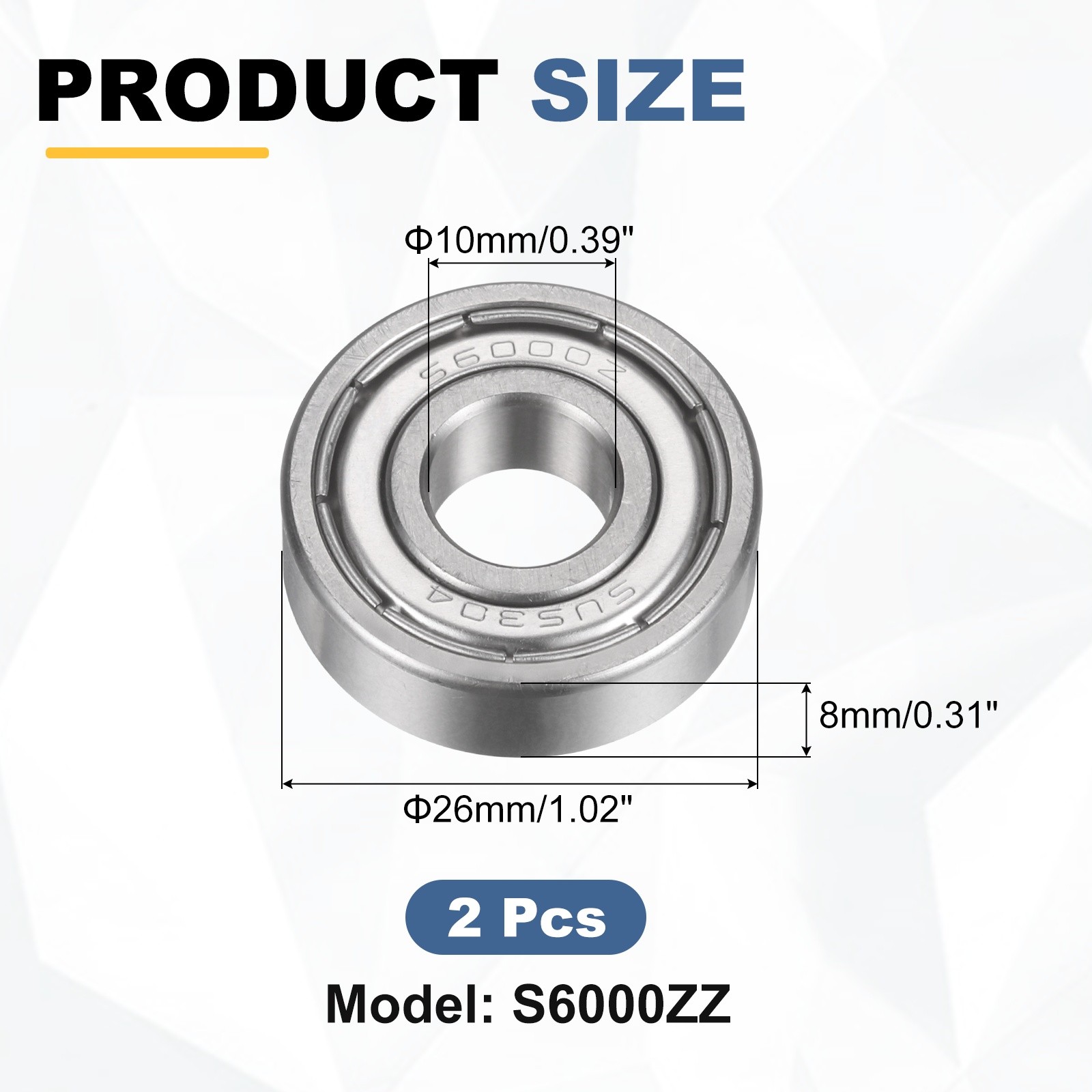 2Pcs S6000ZZ Deep Groove Ball Bearing, 10x26x8mm Double Shielded Ball Bearings