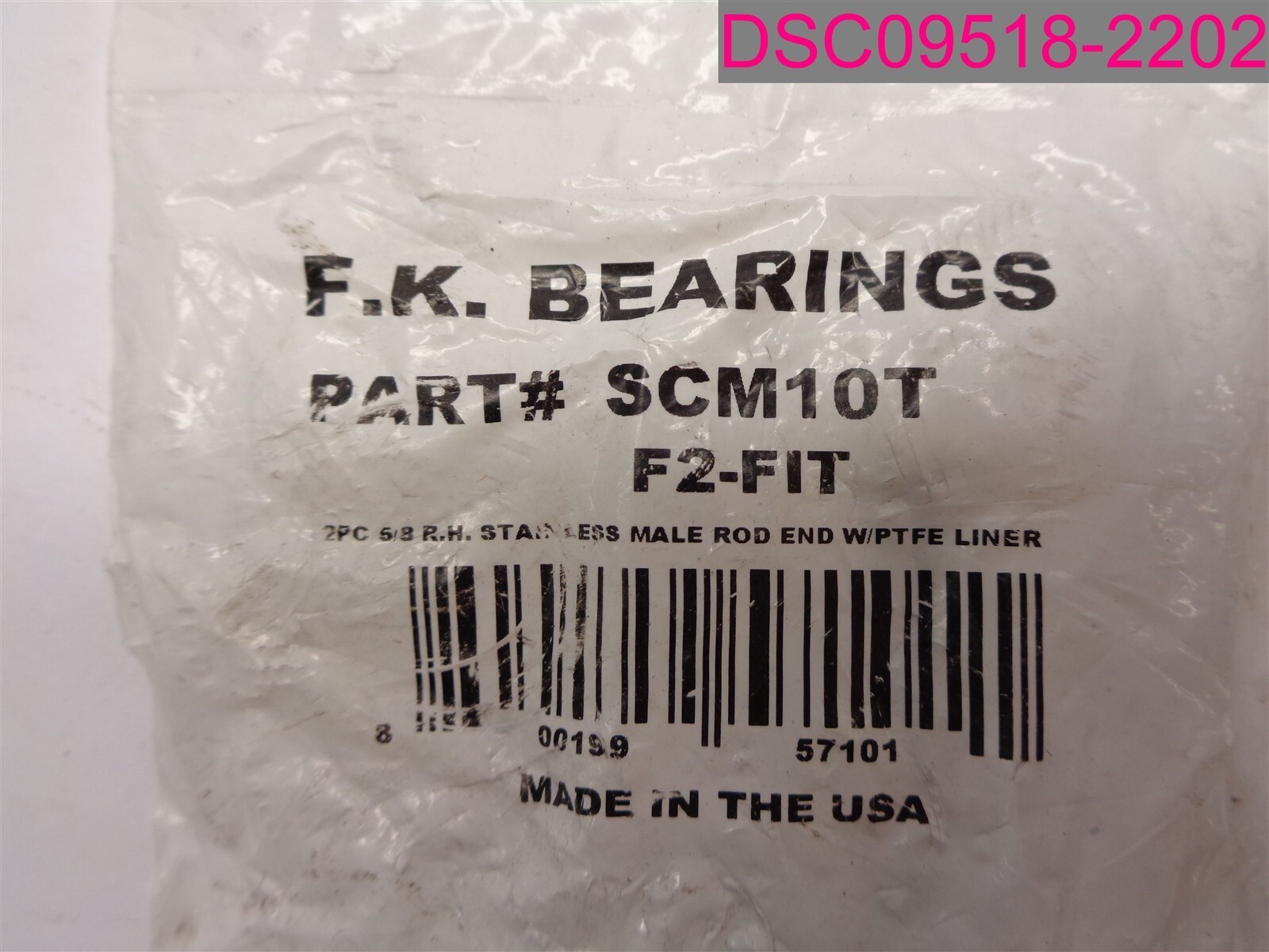 F.K. Bearings #SCM10T. 5/8″ Stainless Male RH Rod End w/ PTFE Liner, 2-Piece